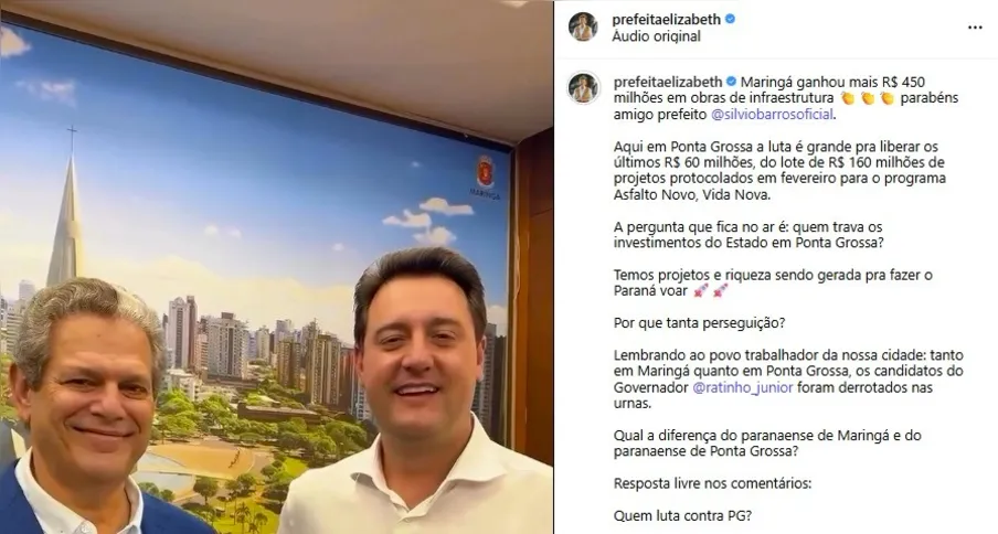 Publicação realizada pela prefeita de Ponta Grossa