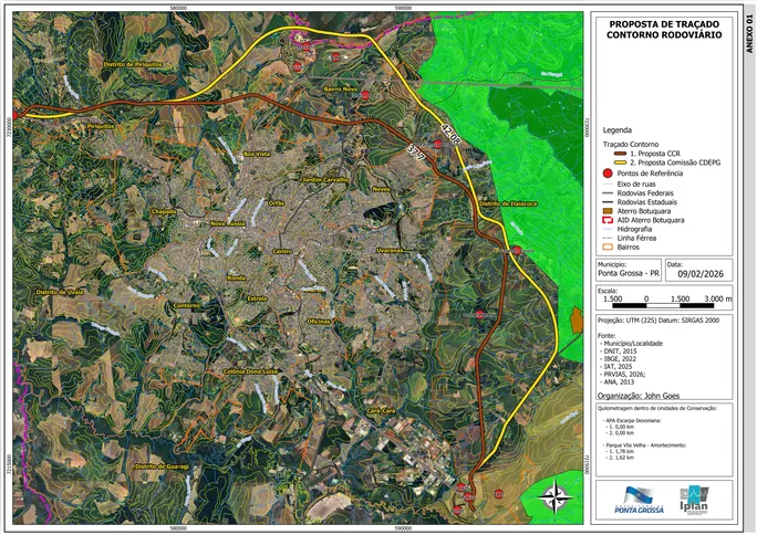 No traçado marrom, está a proposta da PR Vias; no traçado amarelo, está a proposta do Cdepg.