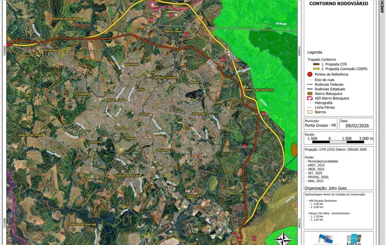 Traçado proposto pelo Conselho de Desenvolvimento de Ponta Grossa, que passa mais longe da cidade