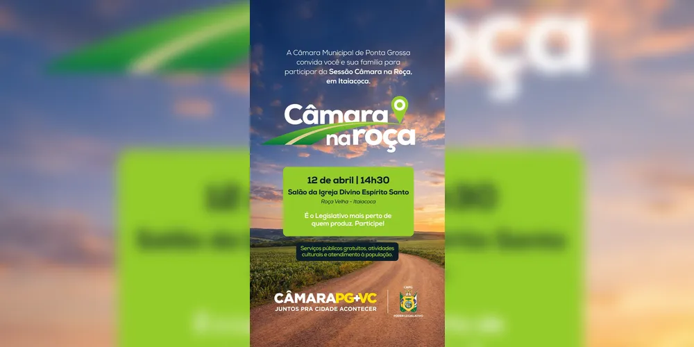 A Câmara Municipal de Ponta Grossa (CMPG) realiza a primeira sessão do programa 'Câmara na Roça' no Distrito de Itaiacoca, neste domingo (12).