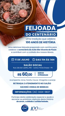 Imagem ilustrativa da imagem 'Feijoada do Centenário' celebra 100 anos do Asilo São Vicente de Paulo em PG