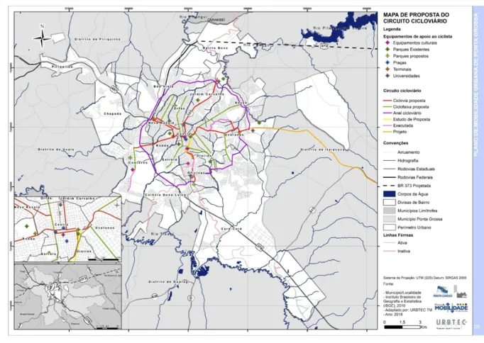 Mapa da malha cicloviária do município, divulgado no Plano de Mobilidade Urbana