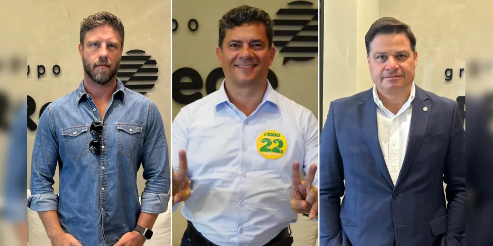 Os candidatos Sergio Moro (no meio da foto), Sandro Alex (à direita da foto) e Requião Filho (à esquerda da foto) aparecem entre os nomes com maior intenção de voto