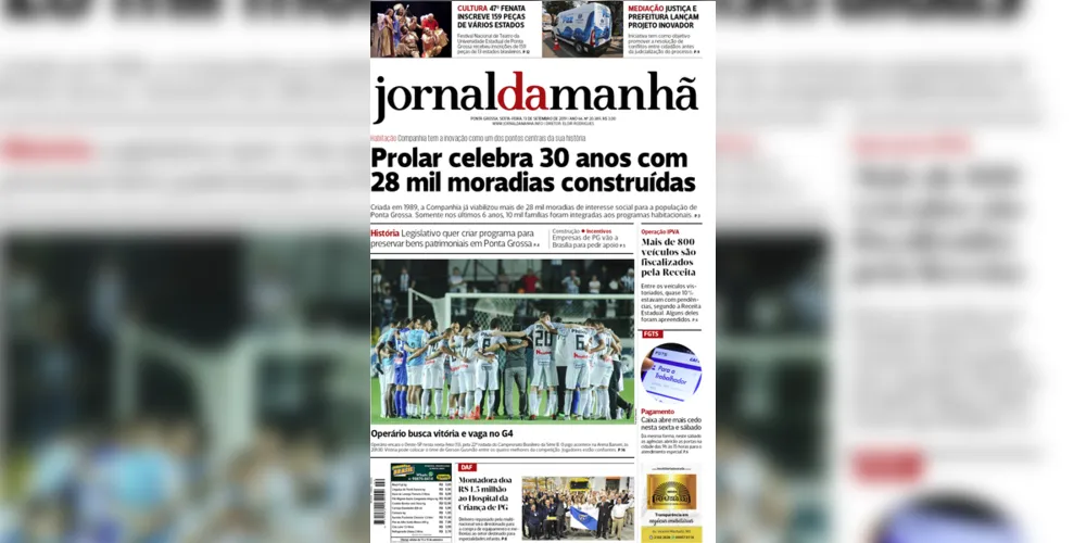 Imagem ilustrativa da imagem Capa da edição desta sexta-feira (13/09/2019) do JM