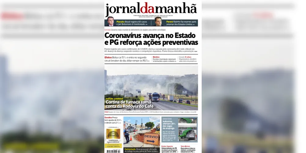 Imagem ilustrativa da imagem Capa da edição desta sexta-feira (13/03/2020) do JM