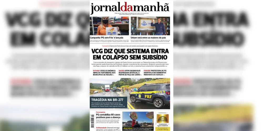 Imagem ilustrativa da imagem Capa da edição desta terça-feira (02/06/2020) do JM