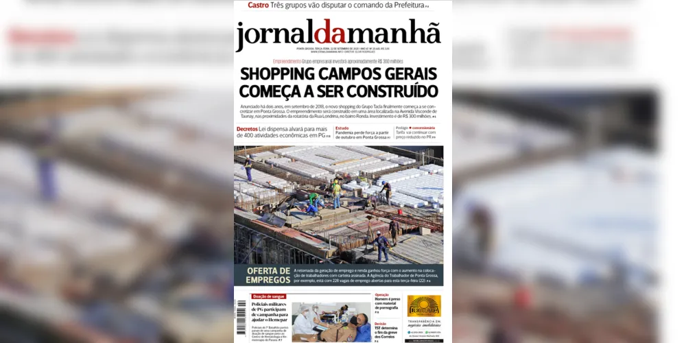 Imagem ilustrativa da imagem Capa da edição desta terça-feira (22/09/2020) do JM