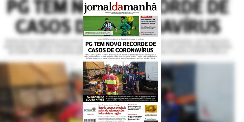 Imagem ilustrativa da imagem Capa da edição desta quarta-feira (23/09/2020) do JM