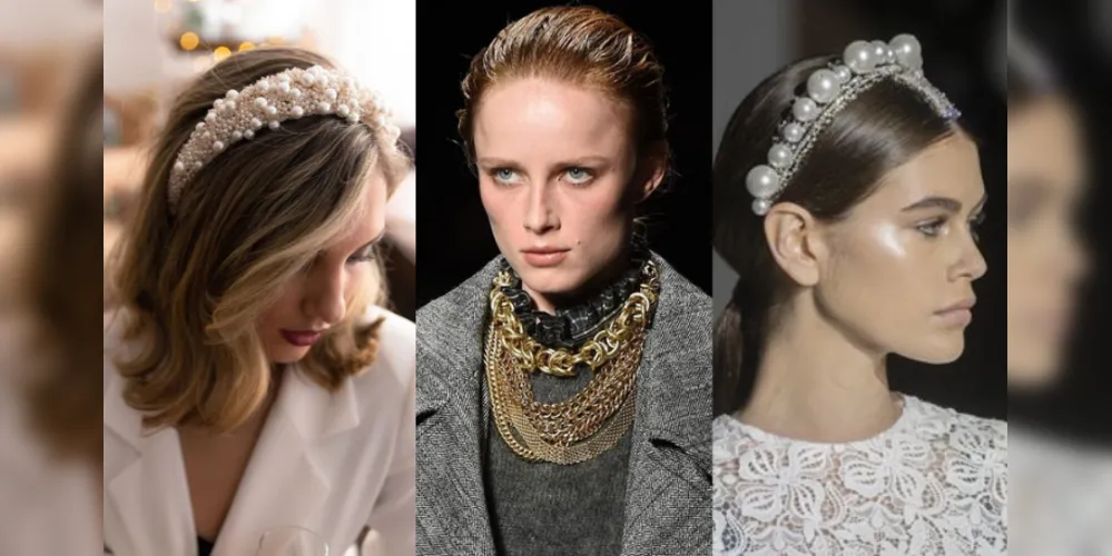 Pérolas clássicas se destacam não apenas em brincos, mas também no formato de tiaras robustas, estilo coroas.