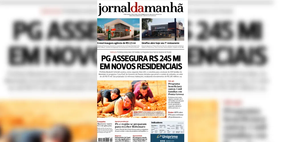 Imagem ilustrativa da imagem Capa da edição desta terça-fera (21/09/2021) do JM