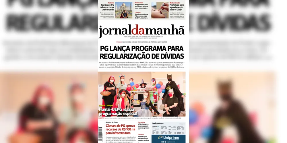 Imagem ilustrativa da imagem Capa da edição desta quinta-feira (14/10/2021) do JM