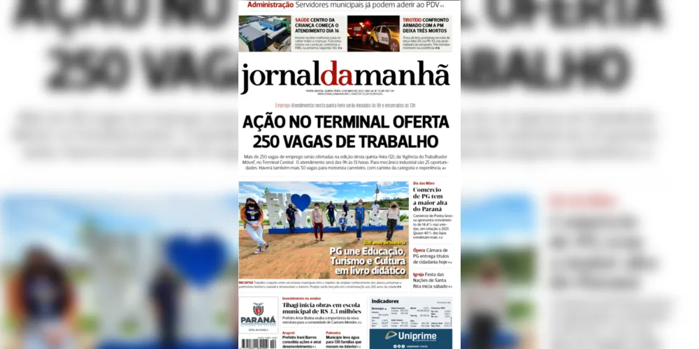 Imagem ilustrativa da imagem Capa da edição desta quinta-feira (12/05/2022) do JM