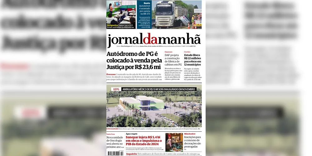 Imagem ilustrativa da imagem Capa da edição desta quinta-feira (16/10/2025), do JM