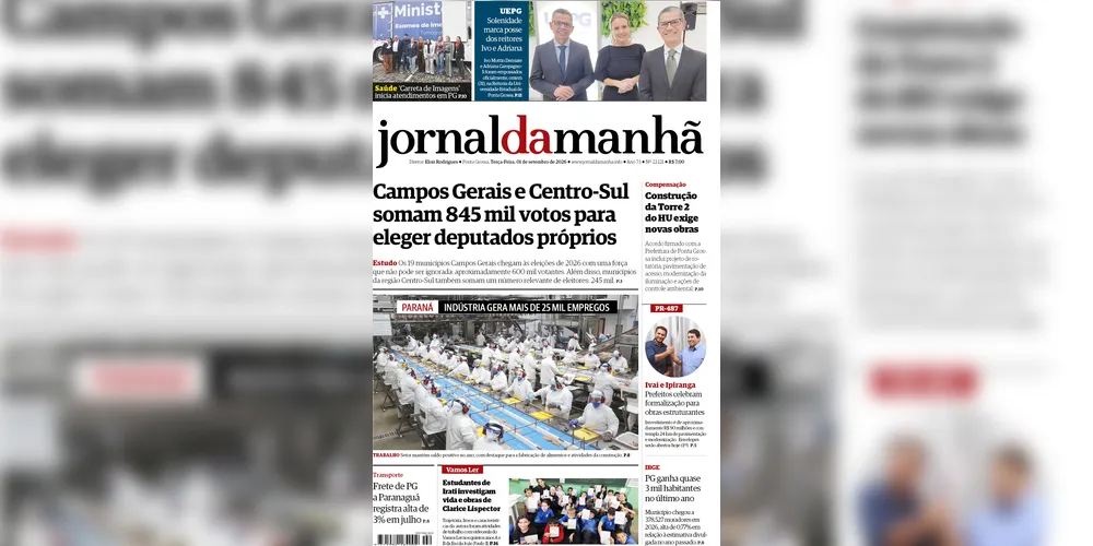 Imagem ilustrativa da imagem Capa da edição desta terça-feira (01/09/2026), do JM