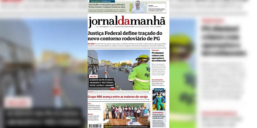 Imagem ilustrativa da imagem Capa da edição desta sexta-feira (04/09/2026), do JM