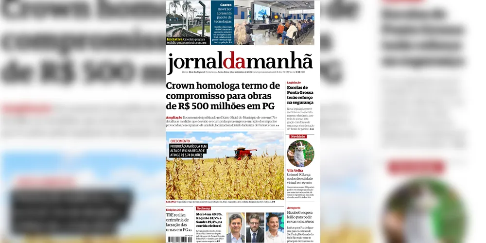 Imagem ilustrativa da imagem Capa da ediç;ão desta sexra-feira (18/09/2026), do JM
